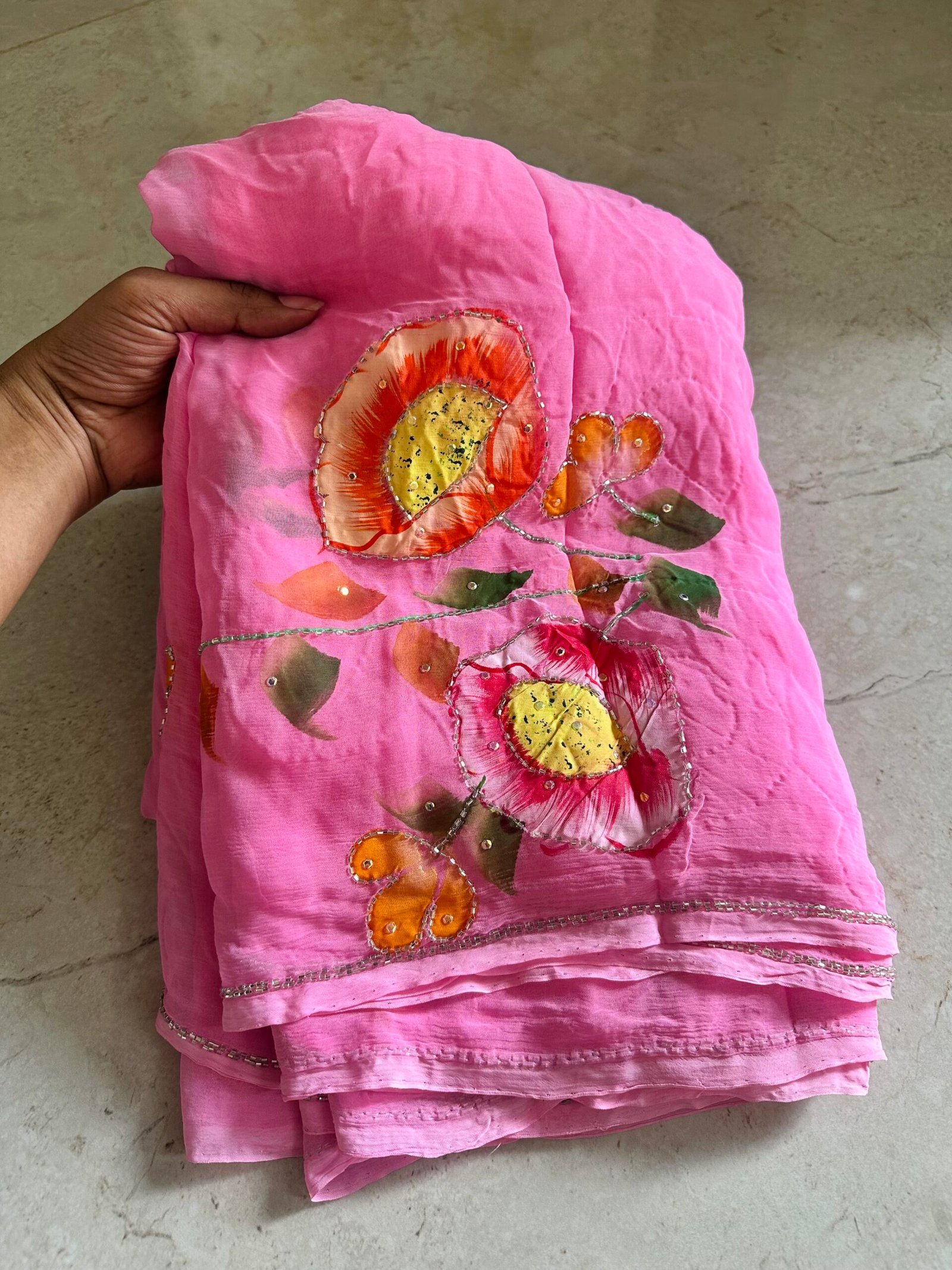 Baby Pink Color Chiffon Hand Painted Floral Handwork Saree | AKHW035 - Image 3
