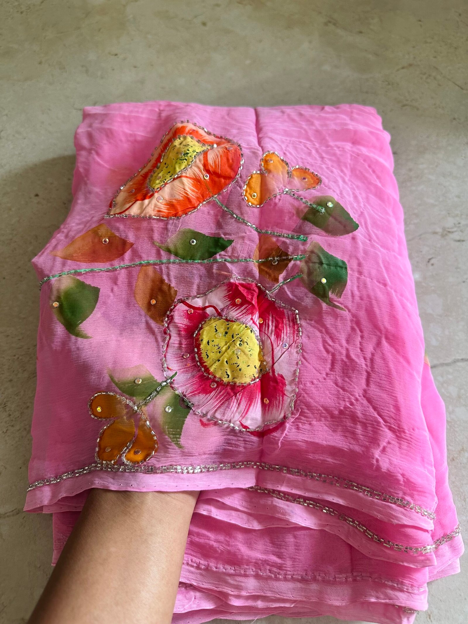 Baby Pink Color Chiffon Hand Painted Floral Handwork Saree | AKHW035